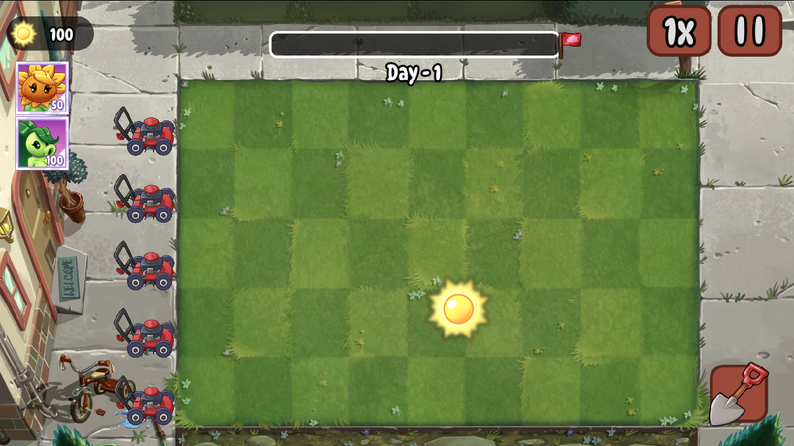 PvZ Sex Lawn Day 1 lawn with five planting rows, 100 sun, a 50-sun Sunflower card, a 100-sun Peashooter card, and a collectible sun